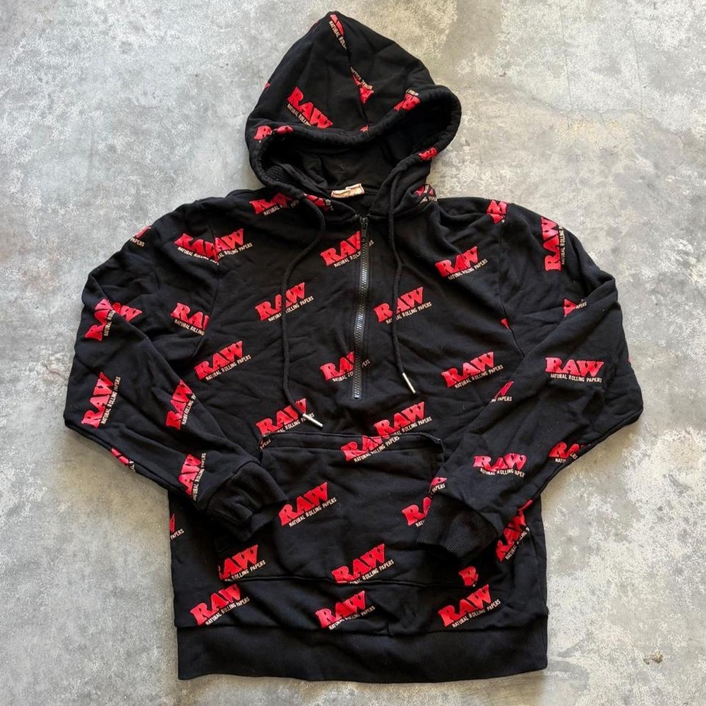 RAW Rolling Papers All Over Print Hoodie Sweatshirt Mens Medium M Black 1/4 Zip